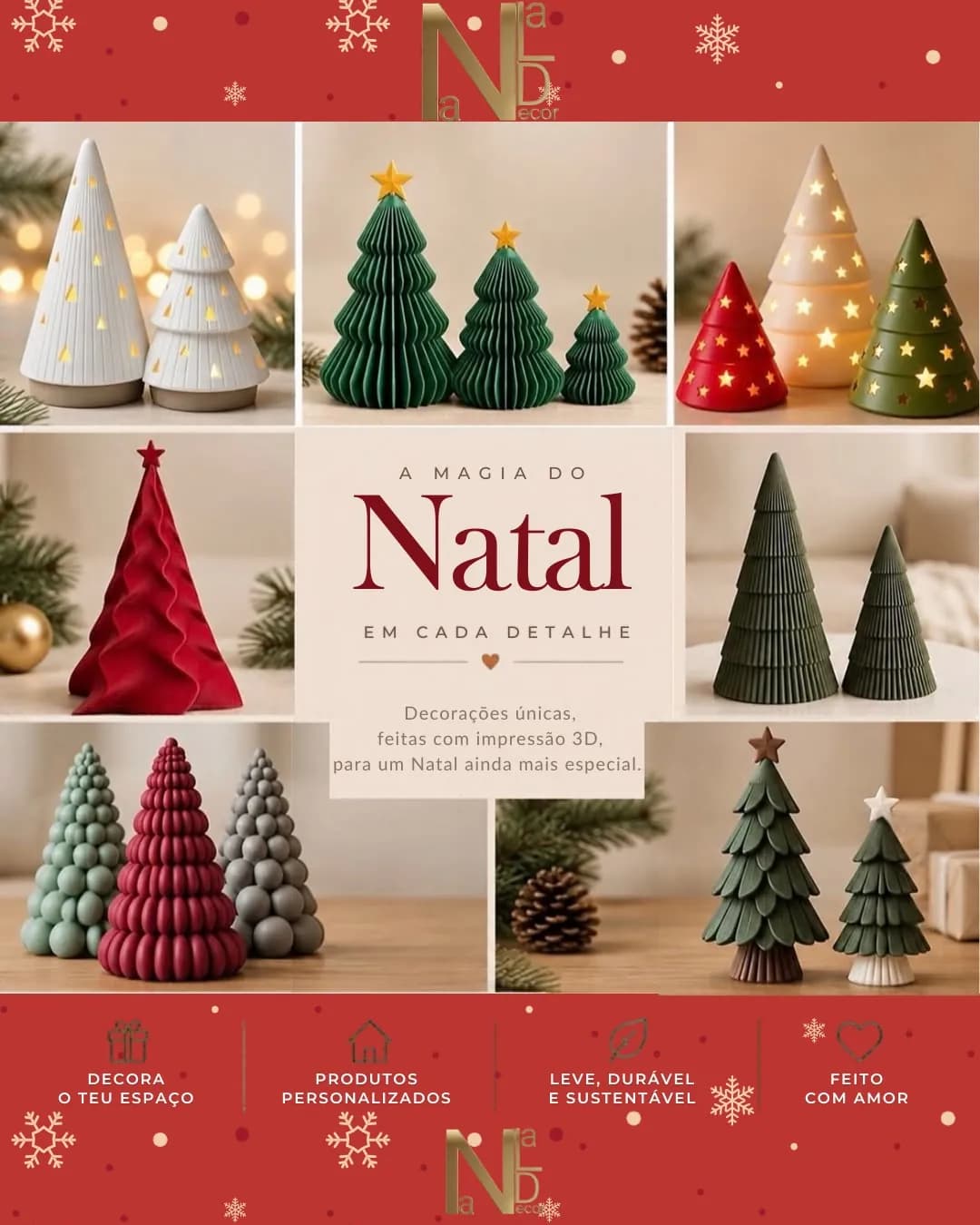 A magia do Natal: árvores de Natal impressas em 3D, brancas, verdes e vermelhas