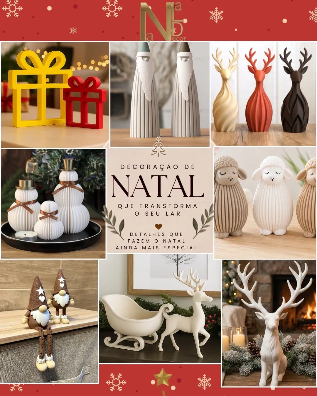 Decoração de Natal: caixas de presente, renas, trenó e bonecos de neve