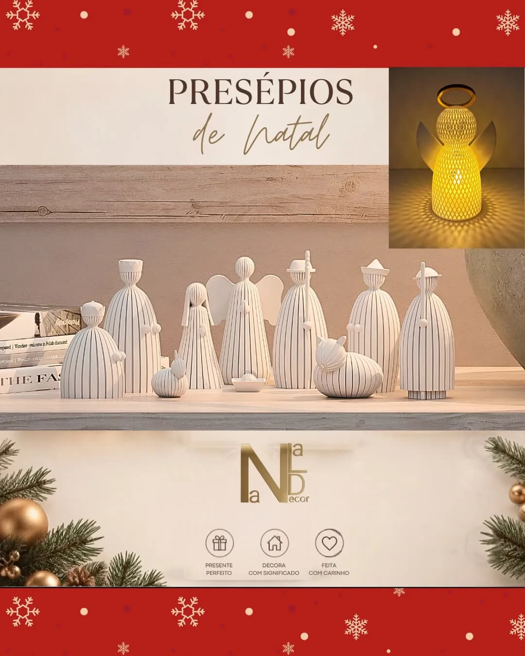 Presépio minimalista branco com anjo iluminado