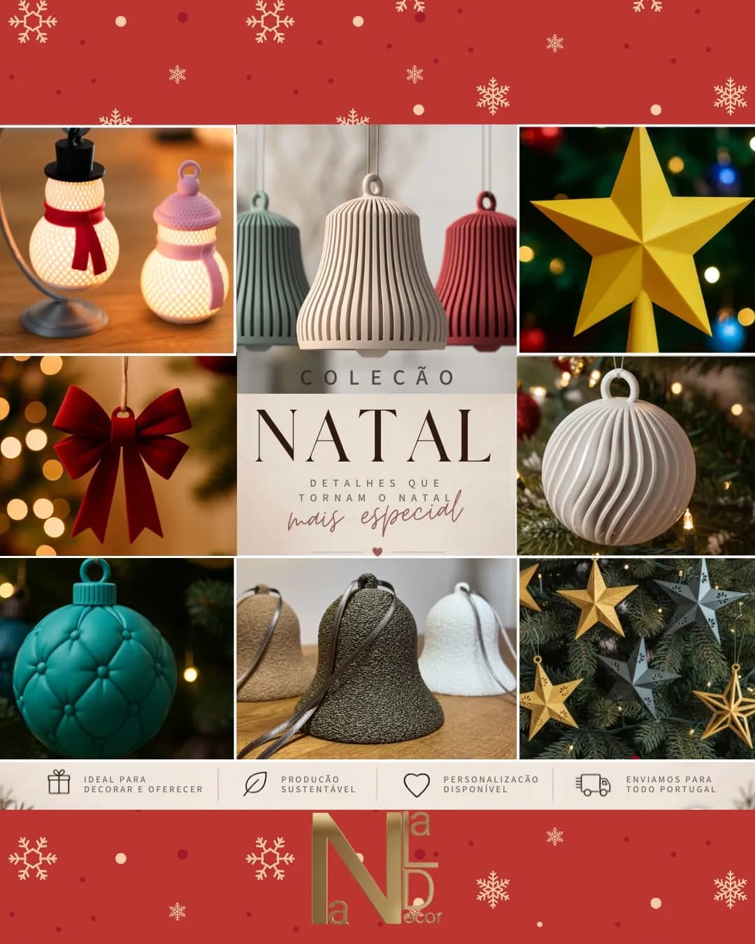 Enfeites de Natal: sinos, estrelas, laços e bolas