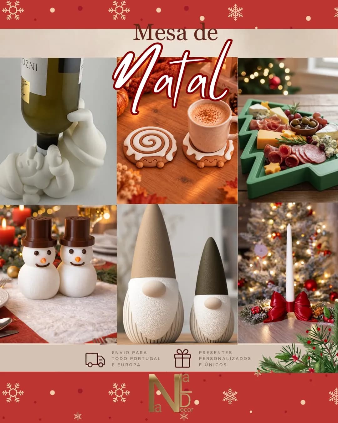 Mesa de Natal: porta-garrafas, porta-copos e bonecos de mesa