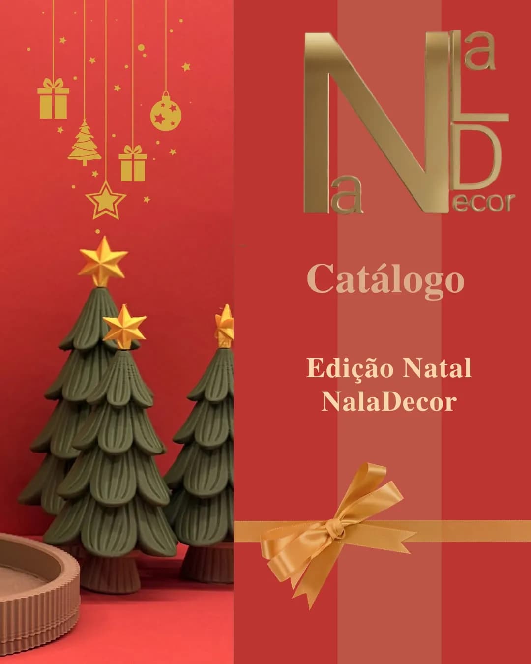 Capa do catálogo Edição Natal Naladecor, com árvores de Natal e laço dourado