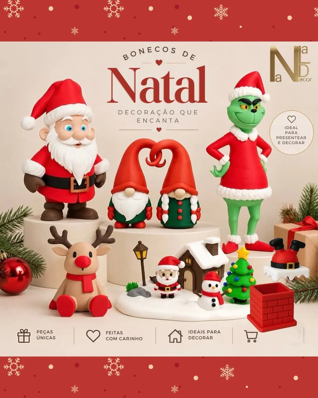 Bonecos de Natal: Papai Noel, gnomos, rena e Grinch