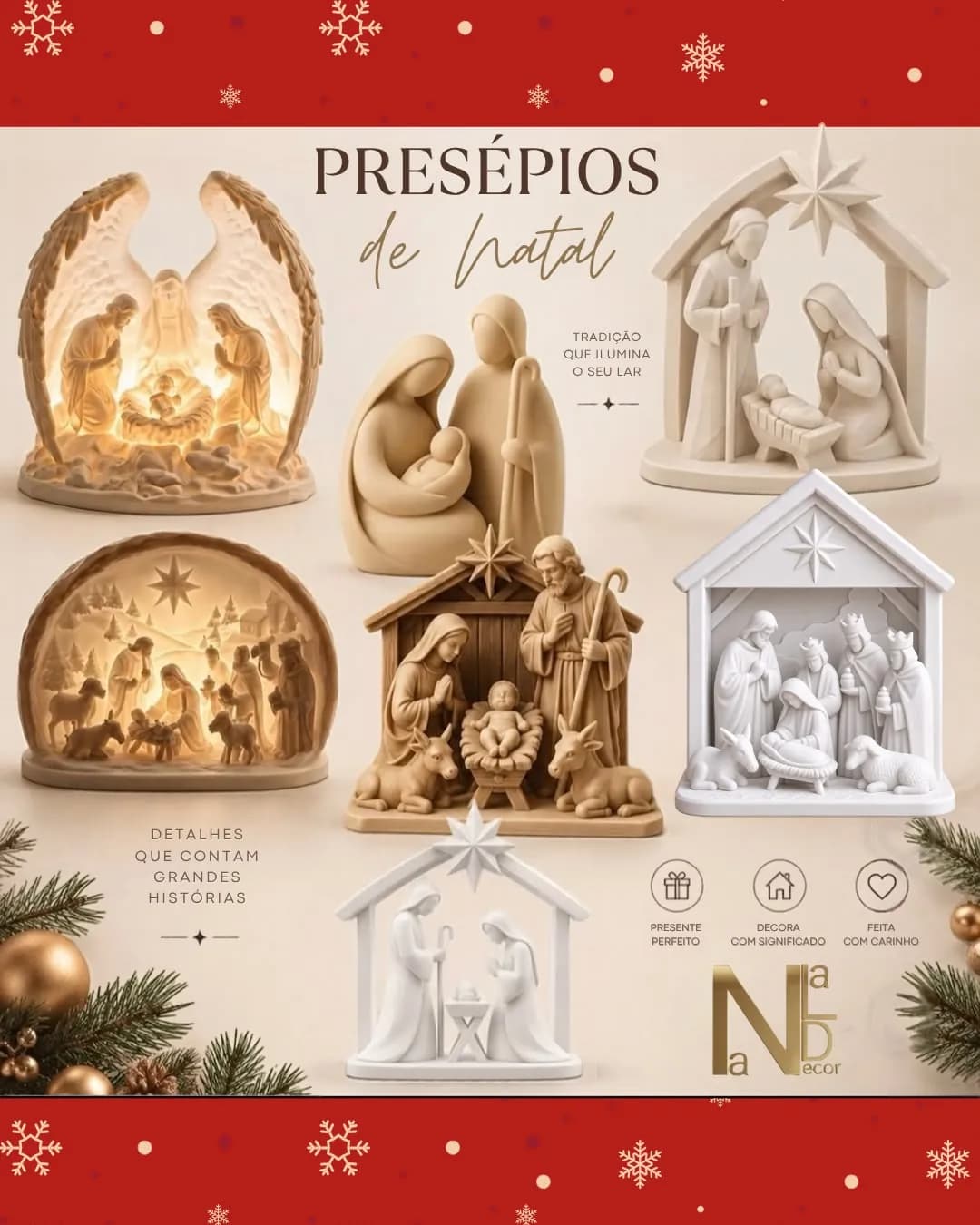 Presépios de Natal em várias versões, alguns iluminados