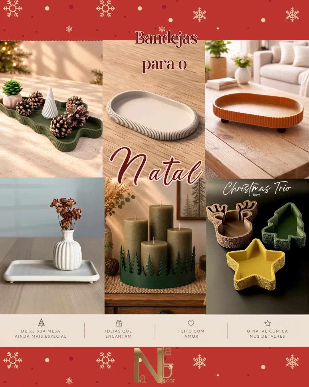 Bandejas para o Natal com pinhas e velas